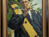 tableau représentant un homme tenant une guitare et fumant une cigarette