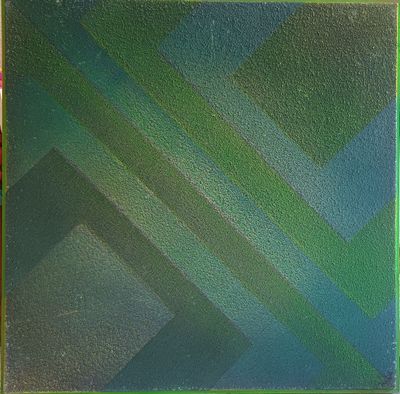 une peinture abstraite représentant un carré vert et bleu sur fond noir