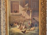 une peinture à l'huile représentant des poulets et une mangeoire à oiseaux posée sur une table en marbre