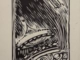 a black and white drawing of a train going through a tunnel