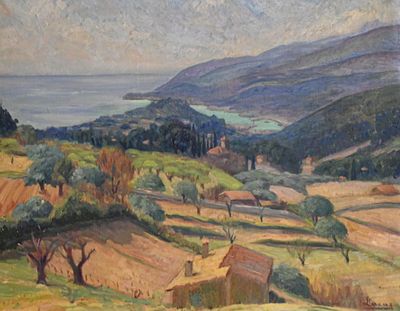 une peinture à l'huile représentant un paysage avec des collines, des arbres et un plan d'eau