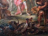 a painting of a man holding a sword in front of a group of people