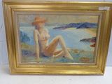 une peinture à l'huile représentant une femme assise sur une plage, coiffée d'un chapeau