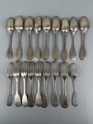 six cuillères et six fourchettes en métal argenté posées sur un fond blanc