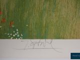 signed painting of a green field with red flowers and a butterfly