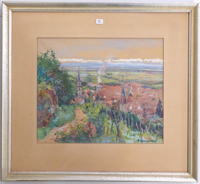 painting of a landscape with a village in the foreground
