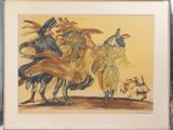 tableau représentant un groupe de personnes en costumes et coiffées de chapeaux, sur fond jaune