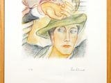 tableau représentant une femme coiffée d'un chapeau, avec un oiseau sur la tête