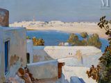 une peinture à l'huile représentant un homme assis sur un rebord, le regard tourné vers l'eau