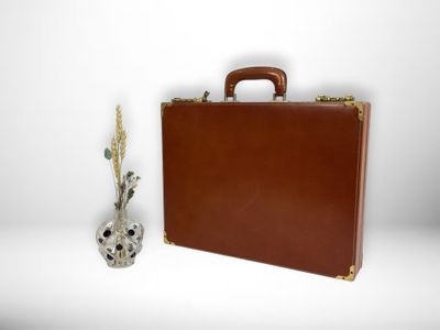 a brown suitcase sitting next to a vase with a plant in it