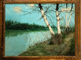 a picture of a painting of some trees by the water