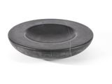 a black bowl on a white surface with a white background