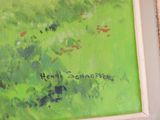 an image of a painting of a green field with red flowers