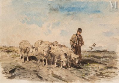 une aquarelle représentant un homme s'occupant d'un troupeau de moutons