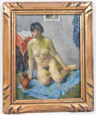 an image of a painting of a nude woman sitting on a blue blanket