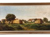 an oil painting of a farm scene with hay bales in the foreground