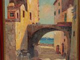 une peinture à l'huile représentant une scène de rue avec un pont et des bâtiments