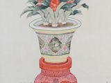 peinture chinoise représentant un vase avec des fleurs posé sur une table