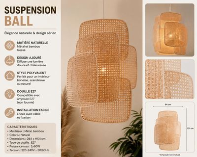 L'image présente les instructions relatives à la boule de suspension accrochée au plafond.