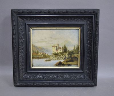 une peinture à l'huile représentant un paysage fluvial avec un château au loin