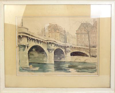 une image d'une peinture représentant un pont sur une rivière