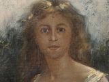 tableau représentant une jeune fille en robe blanche, avec des fleurs dans les cheveux