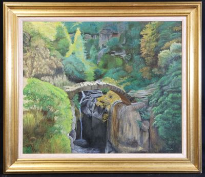 une peinture à l'huile représentant une cascade enjambée par un pont