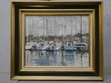 a painting of a harbor scene with boats in the water