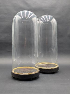 paire de cloches en verre reposant sur des socles en bois, sur fond gris