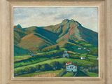 une peinture à l'huile d'un paysage avec une montagne en arrière-plan