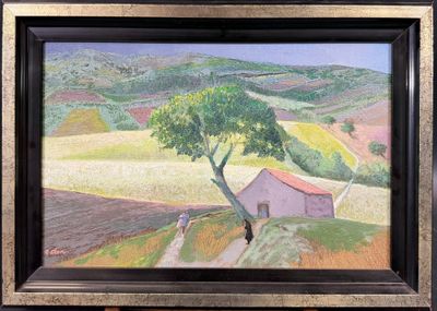 une photo d'un tableau représentant une ferme et un arbre