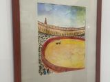framed painting of a bullfight arena with a cat in the foreground