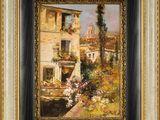 a painting of a house with flowers in front of it