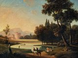 a painting of people riding horses by a lake