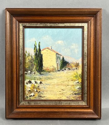 un tableau représentant une maison dans un champ, avec des arbres en arrière-plan