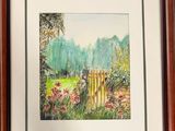 Aquarelle encadrée représentant une scène de jardin avec une clôture et des fleurs
