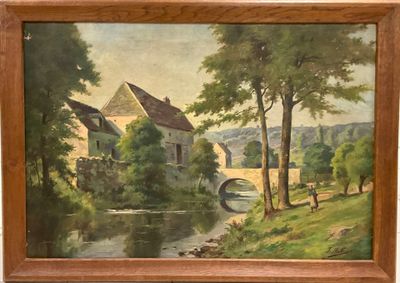 une peinture à l'huile représentant une maison au bord d'une rivière, avec un pont au premier plan
