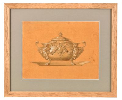 painting of a silver teapot on a gold background in a wooden frame