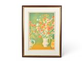 painting of flowers in vases on a table in front of a white background