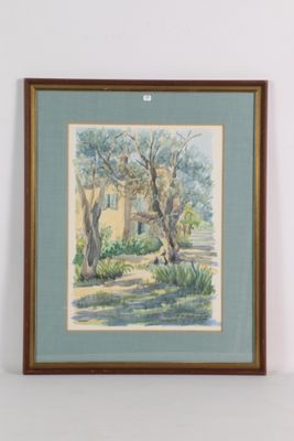 aquarelle encadrée représentant une maison et des arbres dans un jardin