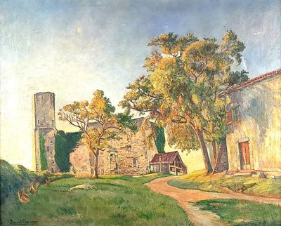 an oil painting of a farm scene with a house and a tree