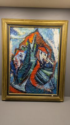 peinture sur le mur d'un musée représentant un homme dans un bateau