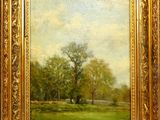 an oil painting of a tree in a field with a fence in the background