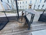 a potted plant sitting on a wooden deck outside of a building