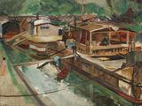 une peinture représentant un bateau amarré dans un canal
