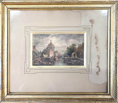 tableau encadré représentant une ville avec une église en arrière-plan