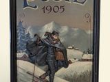 tableau représentant un homme descendant une colline à ski avec un chien sur le dos