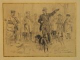 dessin représentant un dessin d'un homme avec un chien devant un groupe d'hommes
