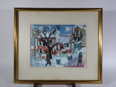 tableau représentant une femme marchant dans une rue enneigée