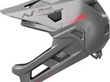 the helmet is grey and has a red logo on it